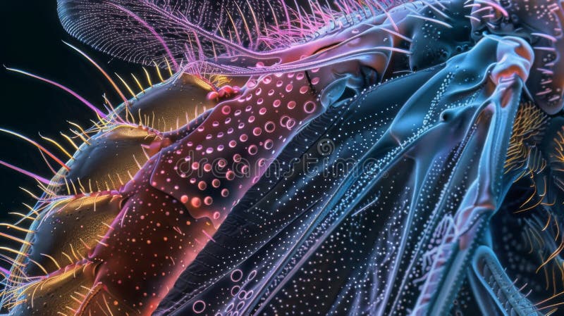 Microscopic view of a flys wing displaying the intricate network of sensory hairs that allow it to sense potential royalty free stock photos
