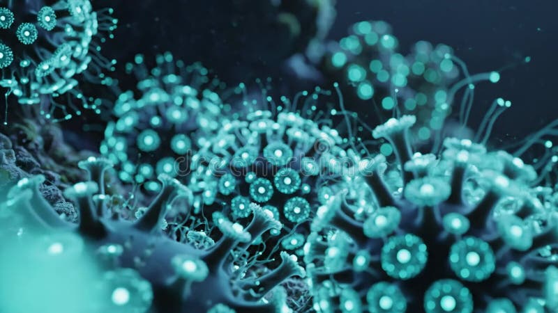 Microscopic view of glowing blue coronavirus particles royalty free illustration