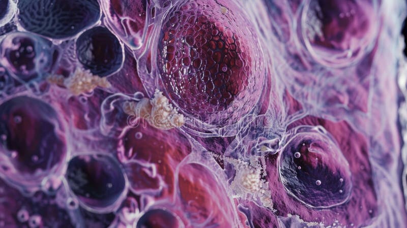 A microscopic view of human cells on a pathology slide with AI technology working to identify any abnormalities and stock image