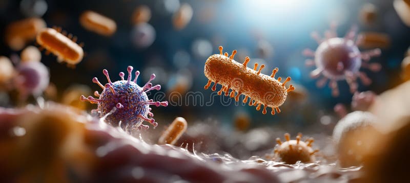 Microscopic view of viruses and bacteria interacting on a cellular surface, depicting infection royalty free stock photo