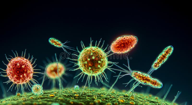 Microscopic view of viruses on a vibrant cellular surface. Spherical and elongate stock illustration