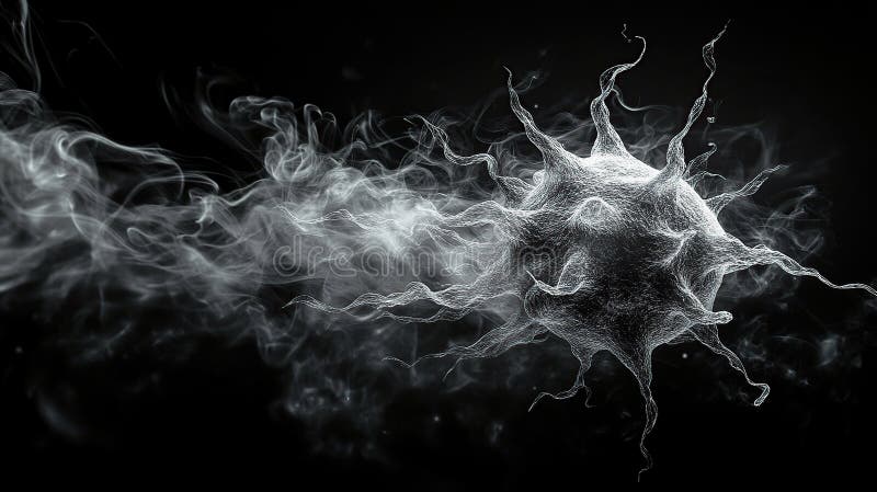 Microscopic Virus Particle Moving, Dark Background, Medical Research stock photo