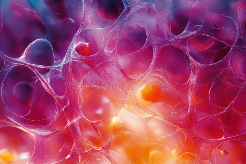 Microscopic visualization of extracellular matrix forming a network and connecting cells, depicted in vibrant pink, purple, and stock photo