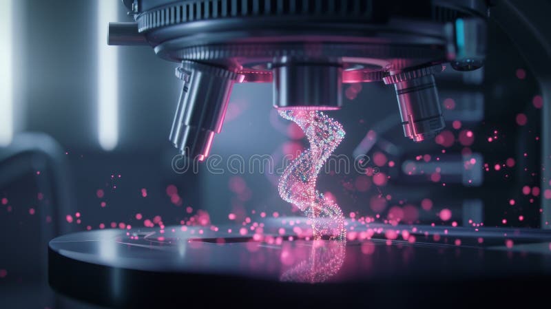 Microscopio a elettroni futuristico che mostra trefoli dna illustrazione vettoriale