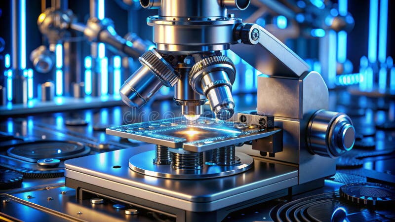 Microscopio futuristico Advanced 3D Illustrazione con dettagli meccanici intricati e illuminazione a LED blu soffiante illustrazione di stock
