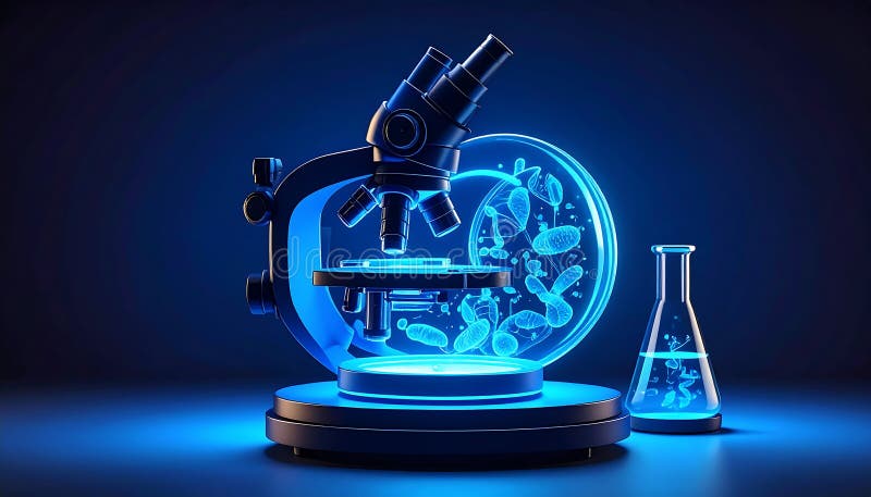 Microscopio futuristico con brillanti microbi blu per capsula di Petri e flacone illustrazione di stock