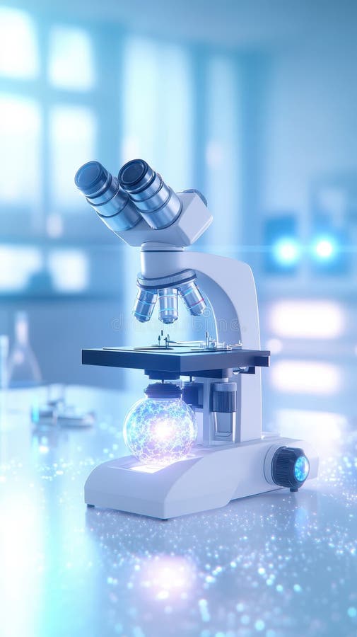 Microscopio futuristico con elementi olografici brillanti in laboratorio royalty illustrazione gratis