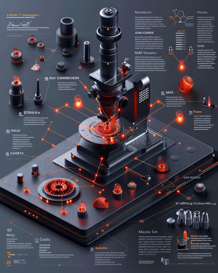 Microscopio futuristico high-tech con interfaccia avanzata e componenti illuminati su sfondo scuro illustrazione vettoriale