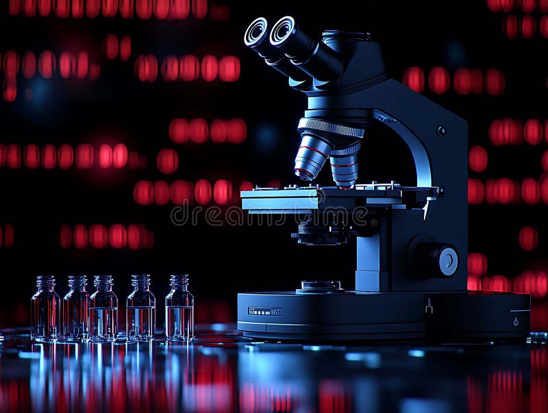 Microscopio futuristico sottile con fiale campione su uno sfondo di codice binario vibrante. Simbolizza le scoperte scientifiche royalty illustrazione gratis
