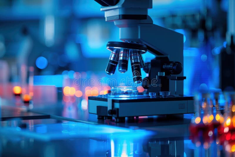 Microscopio a laboratori futuristici con luce blu illustrazione vettoriale