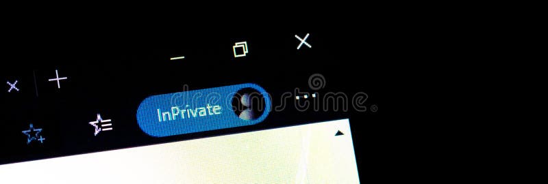 Microsoft Edge web browser InPrivate private browsing incognito mode icons on pc screen closeup. Internet privacy, browser history