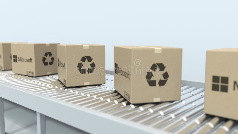 MICROSOFT logo on moving boxes on roller conveyor. Loopable editorial 3D animation stock illustration
