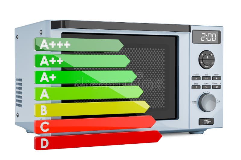 Microwave Oven with Energy Efficiency Chart, 3D Rendering Stock