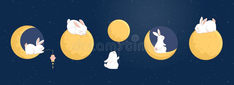 Mid Autumn Festival Concept Design with Cute Rabbits, Bunnies and Moon Illustrations. Chinese, Korean, Asian Mooncake