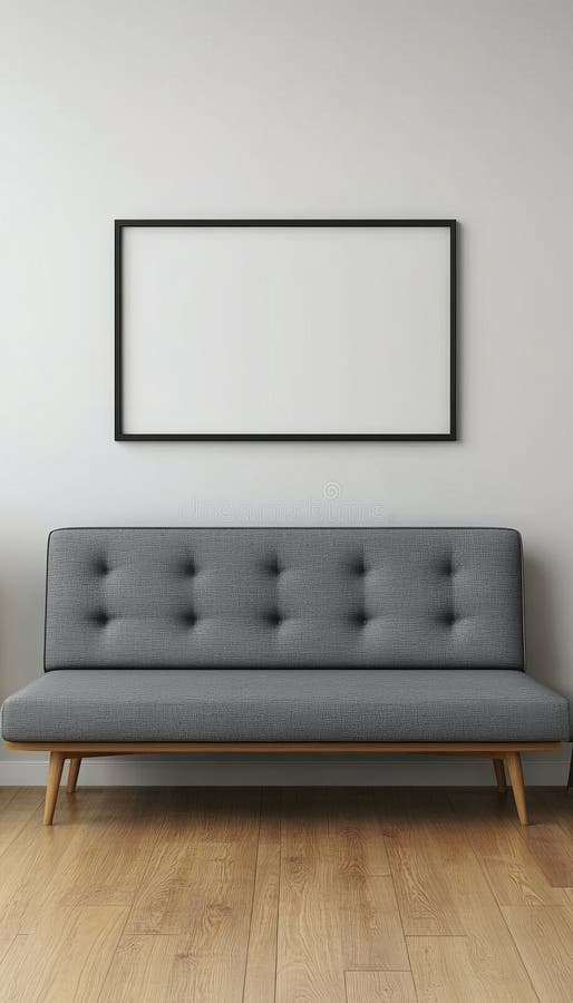 MidCentury Modern Living Room, Gray Sofa, Blank Poster. Interior