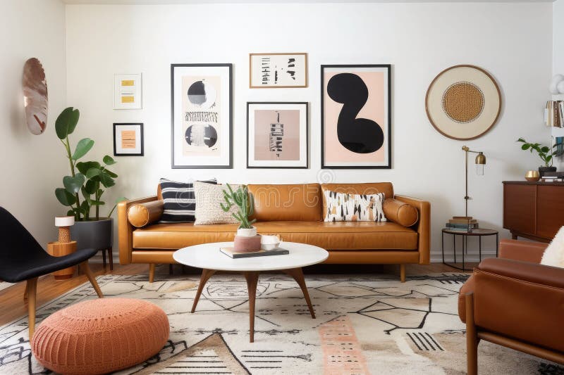 Midcentury Modern Living Room with Tan Leather Sofa, Geometric Rug and