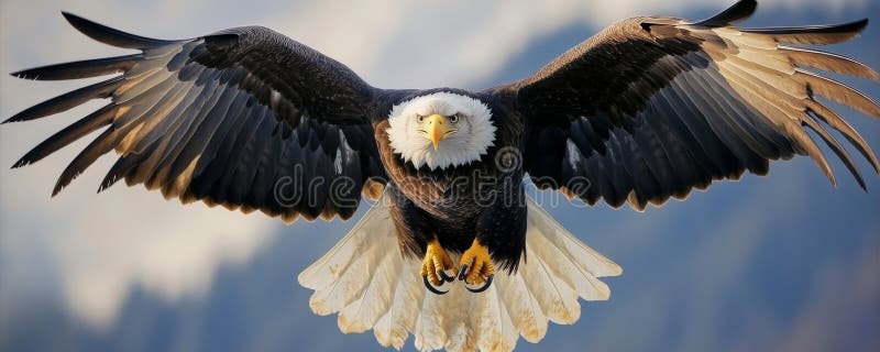 In mid-flight, a bald eagle displays its impressive wingspan against a stunning mountain backdrop. Its sharp talons are royalty free stock photos