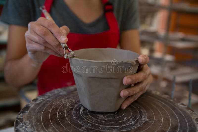 Female Potter Molding a Mug with Hand Tool Stock Photo Image of