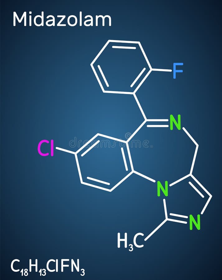 Midazolam molecule. Is a short-acting drug with anxiolytic, anticonvulsant, hypnotic, muscle relaxant, sedative, amnesic