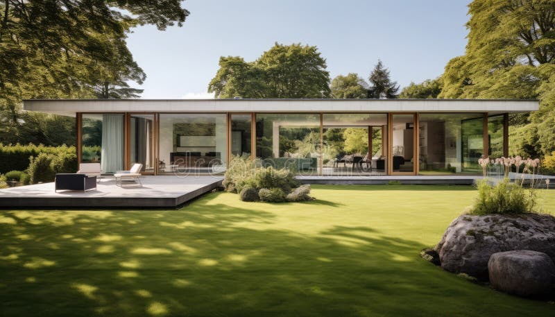 Midcentury mansion in nordic danish architecture design. Generative AI illustrations royalty free illustration
