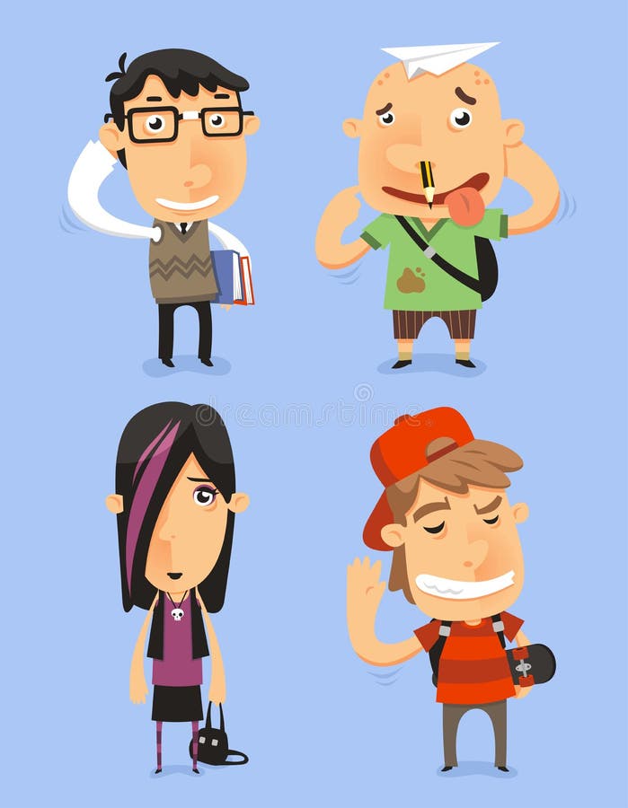 School Teen Adolescents Characters illustration. With nerd kid, dumb kid, emo kid, cool kid. Vector illustration. School Teen Adolescents Characters illustration. With nerd kid, dumb kid, emo kid, cool kid. Vector illustration.