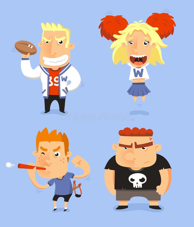 School Teen Adolescents Characters illustration, with jocks, cheerio, nerd and bully illustration. School Teen Adolescents Characters illustration, with jocks, cheerio, nerd and bully illustration.