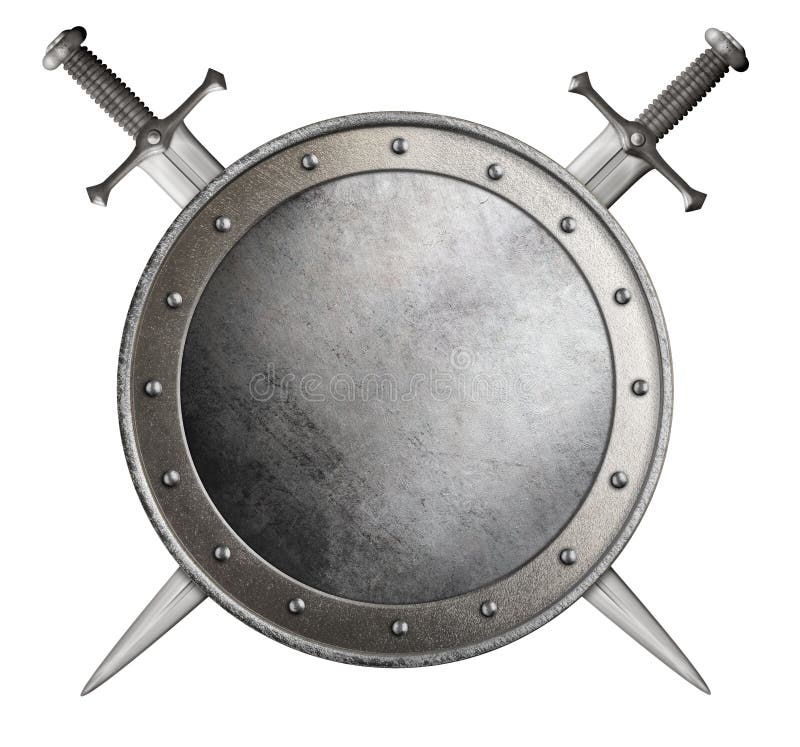 Middeleeuwse ronde schild en gekruiste zwaard geïsoleerde 3d illustratie