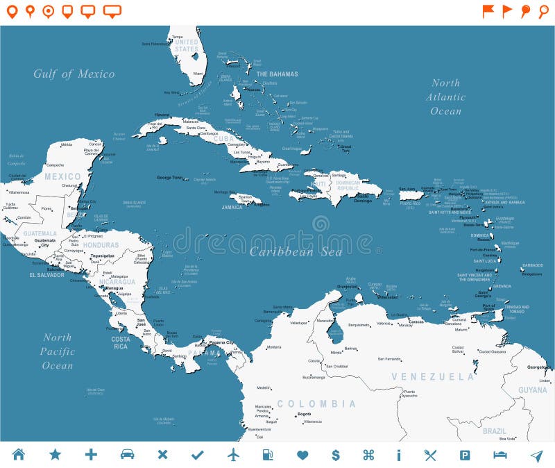 Midden-Amerika - kaart en navigatieetiketten - illustratie