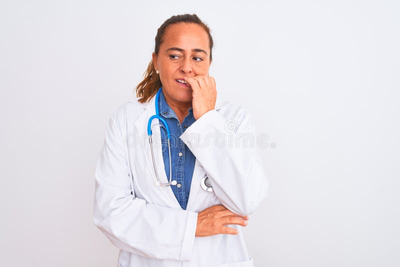 Middle Age Mature Doctor Woman Wearing Stethoscope Over Background