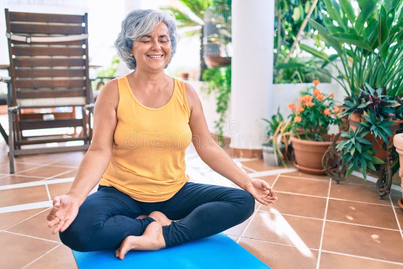 Middle Age Woman with Grey Hair Smiling Happy Doing Yoga on the Terrace at  Home Stock Photo  Image of home active 226780248