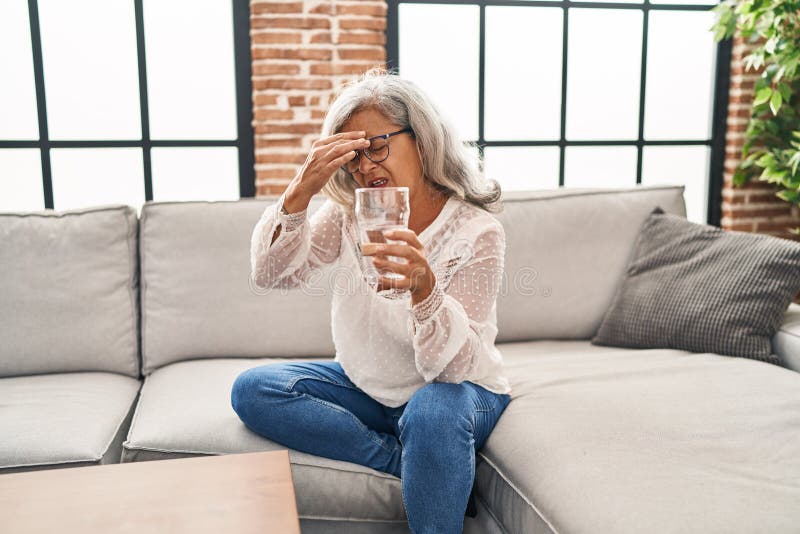 Middle Age Woman Suffering for Headache Drinking Water at Home Stock Image Image of person