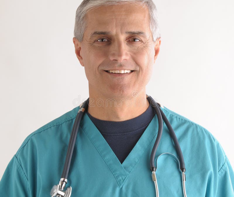 Middle Aged Doctor in Scrubs and Stethoscope Stock Photo Image of