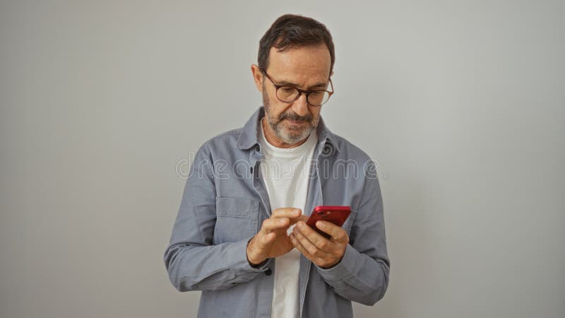 Middle-aged hispanic man using smartphone over isolated white background stock image