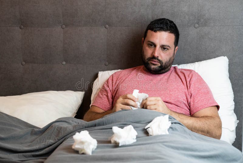 Middleaged Man in Bed Sick with Flu Symptoms Stock Photo Image of
