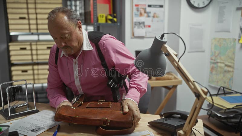 Middle-aged man in detective office working with documents, map, and vintage bag stock footage