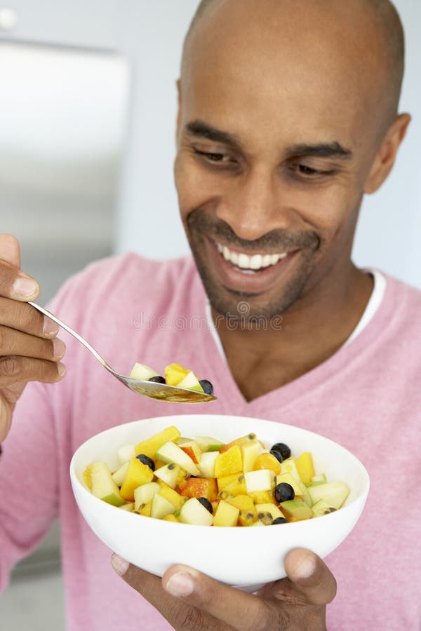 Middle Aged Man Eating Fresh Fruit Salad Stock Photo Image of happy