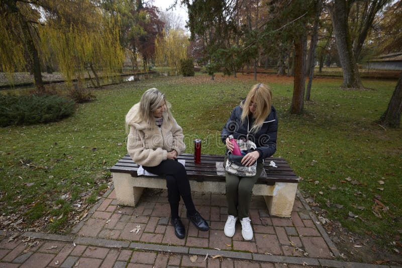 Woman and her friend are talking and drinking coffee in the park on a bench royalty free stock photo