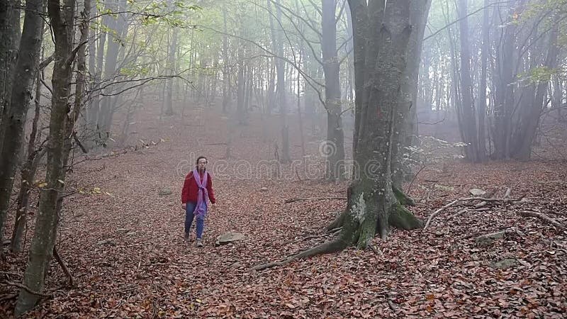 Middle aged woman walking in the autumn forest, slow motion