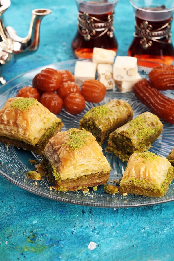 Middle Eastern Or Arabic Dishes Turkish Dessert Baklava With Pistachio