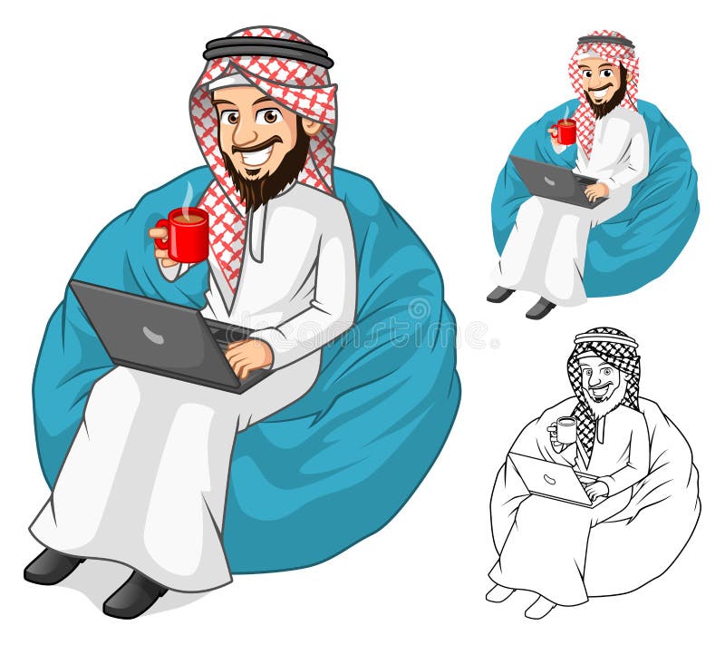Middle Eastern Businessman Holding a Cup of Coffee and Notebook with Sit Pose royalty free illustration