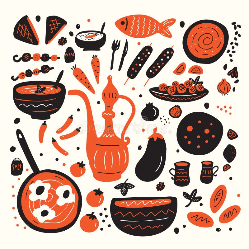 Middle eastern food. Set of hand drawn illustration of different tradishional middle eastern dishes made in doodle style royalty free illustration