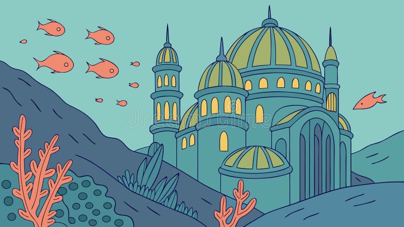 Middle Eastern Underwater City: Ottoman Architecture, vector design Generative AI vector illustration