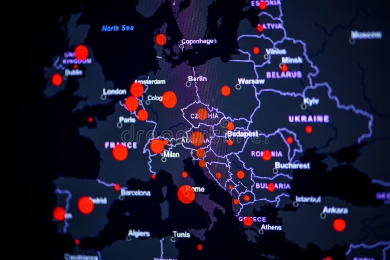 Middle of Europe. Coronavirus COVID-19 global cases Map. Red Dot showing the number of infected. Johns Hopkins University map on