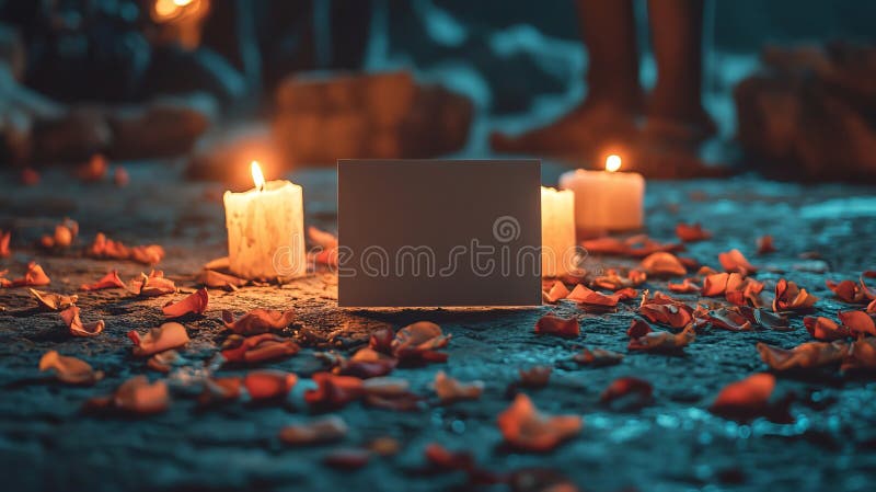 In the middle of the table sit plain white cards sprinkled with flower petals, illuminated by the soft light of royalty free stock photography