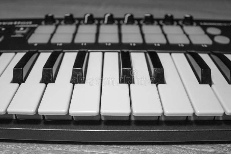 Midi Keyboard Keys Close-up in Black and White Image Stock Image