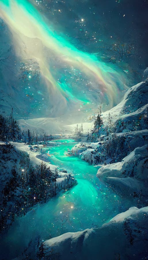 Midjourney Generated Fantasy Landscape with Northern Lights Stock ...