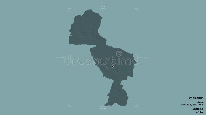 Midlands - Zimbabwe. Bounding box. Administrative. Area of Midlands, province of Zimbabwe, isolated on a solid background in a georeferenced bounding box. Labels stock illustration Midlands - Zimbabwe. Bounding box. Administrative. Area of Midlands, province of Zimbabwe, isolated on a solid background in a georeferenced bounding box. Labels stock illustration