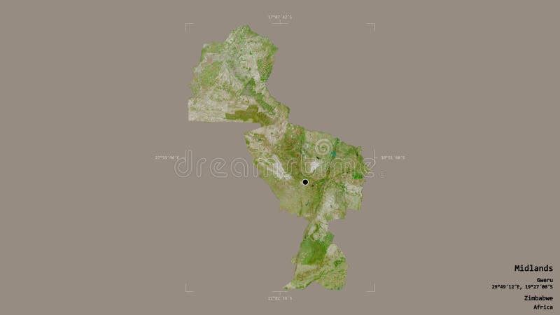 Midlands - Zimbabwe. Bounding box. Satellite. Area of Midlands, province of Zimbabwe, isolated on a solid background in a georeferenced bounding box. Labels royalty free illustration Midlands - Zimbabwe. Bounding box. Satellite. Area of Midlands, province of Zimbabwe, isolated on a solid background in a georeferenced bounding box. Labels royalty free illustration