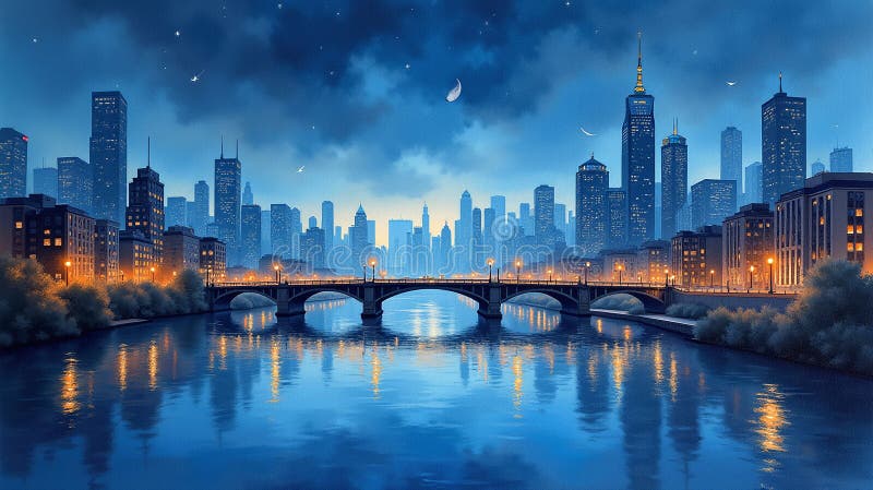 Midnattstjänst : Fredlig nattlig Cityscape stock illustrationer