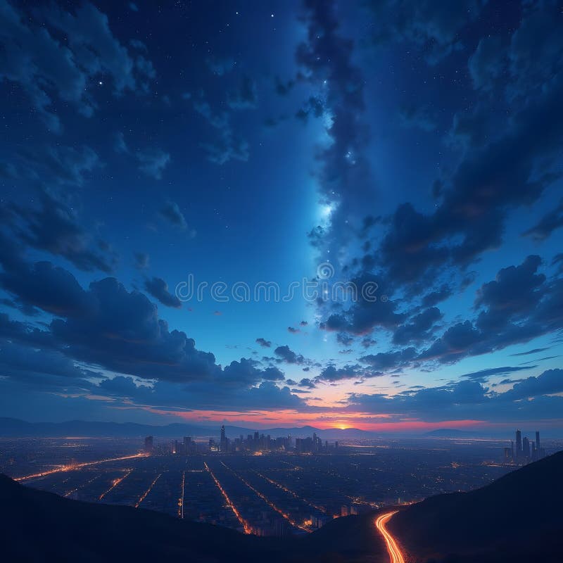 Midnight Ambiance Ethereal Cityscape Under Cosmic Canopy stock illustration